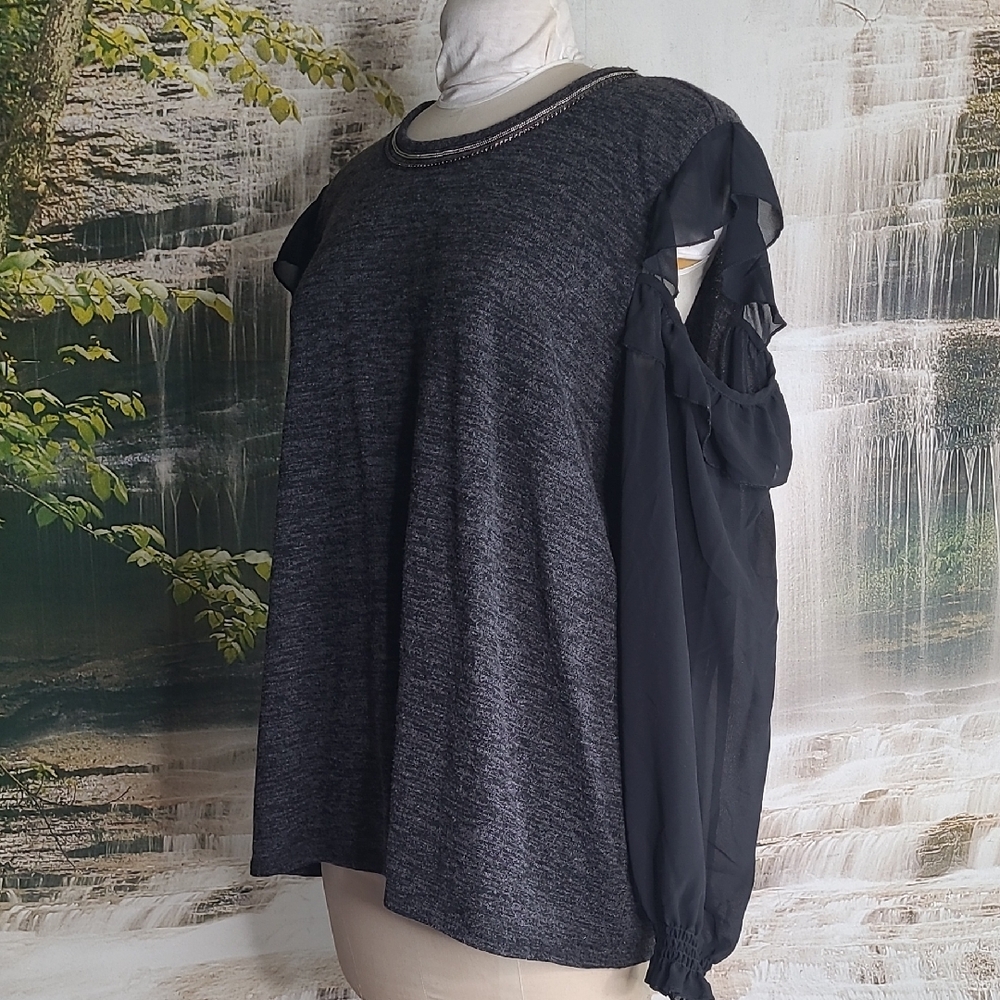Maurices Womens 3 dark gray black open shoulder sparkly trim ruffled sleeve top